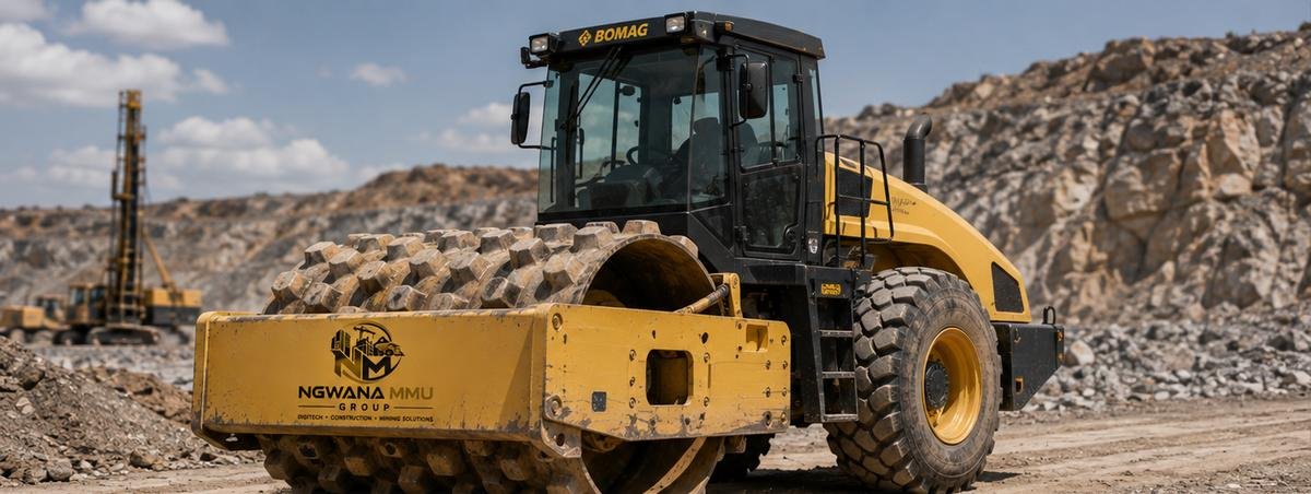 Ngwana Mmu Group branded padfoot compaction roller working in a quarry