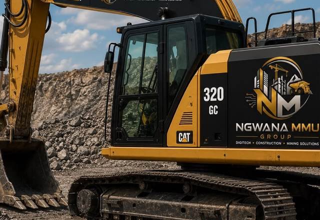 Ngwana Mmu Group branded CAT 320 GC excavator on a quarry site