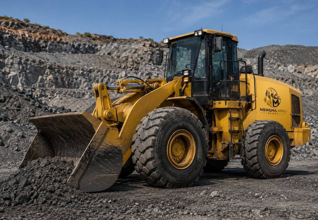 Ngwana Mmu Group branded wheel loader loading blasted rock at a quarry face