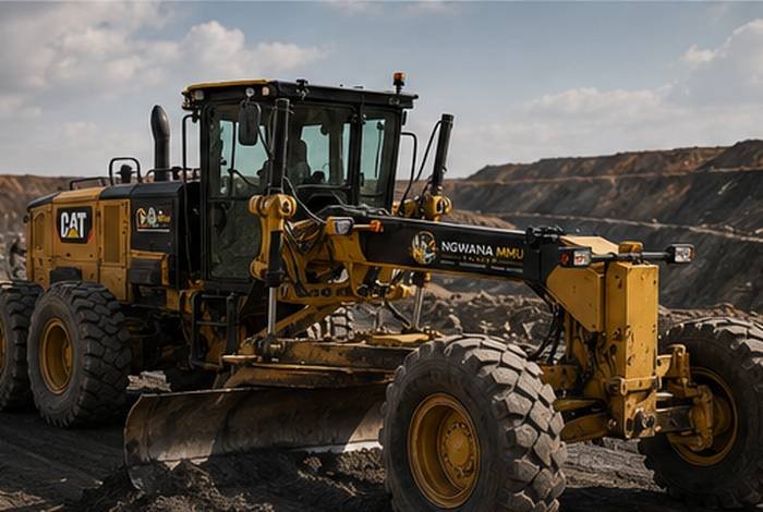 Ngwana Mmu Group branded CAT motor grader maintaining a haul road