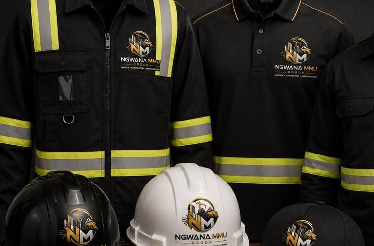 Ngwana Mmu Group branded workwear, hard hats, gloves and PPE