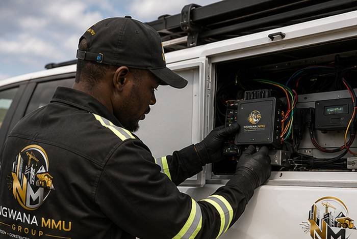 Ngwana Mmu Group technician fitting a vehicle tracking unit
