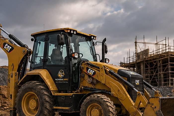 Ngwana Mmu Group branded CAT TLB backhoe loader on a construction site