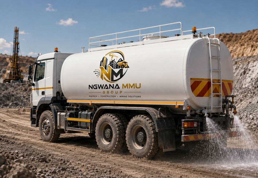 Ngwana Mmu Group branded water bowser spraying a haul road for dust suppression